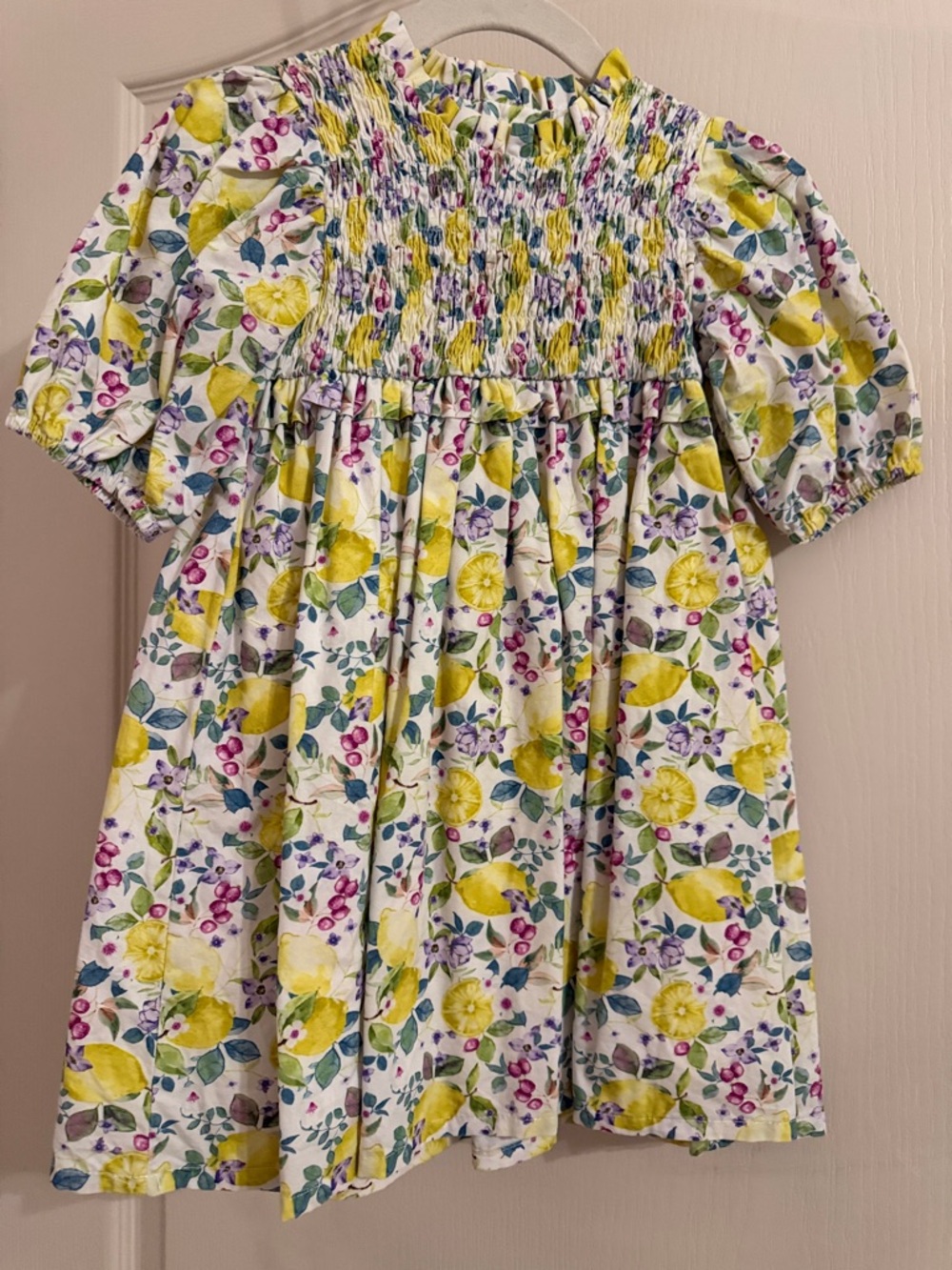 La Coqueta Smocked Lemon-Print Casual Dress for Girls - White & Yellow